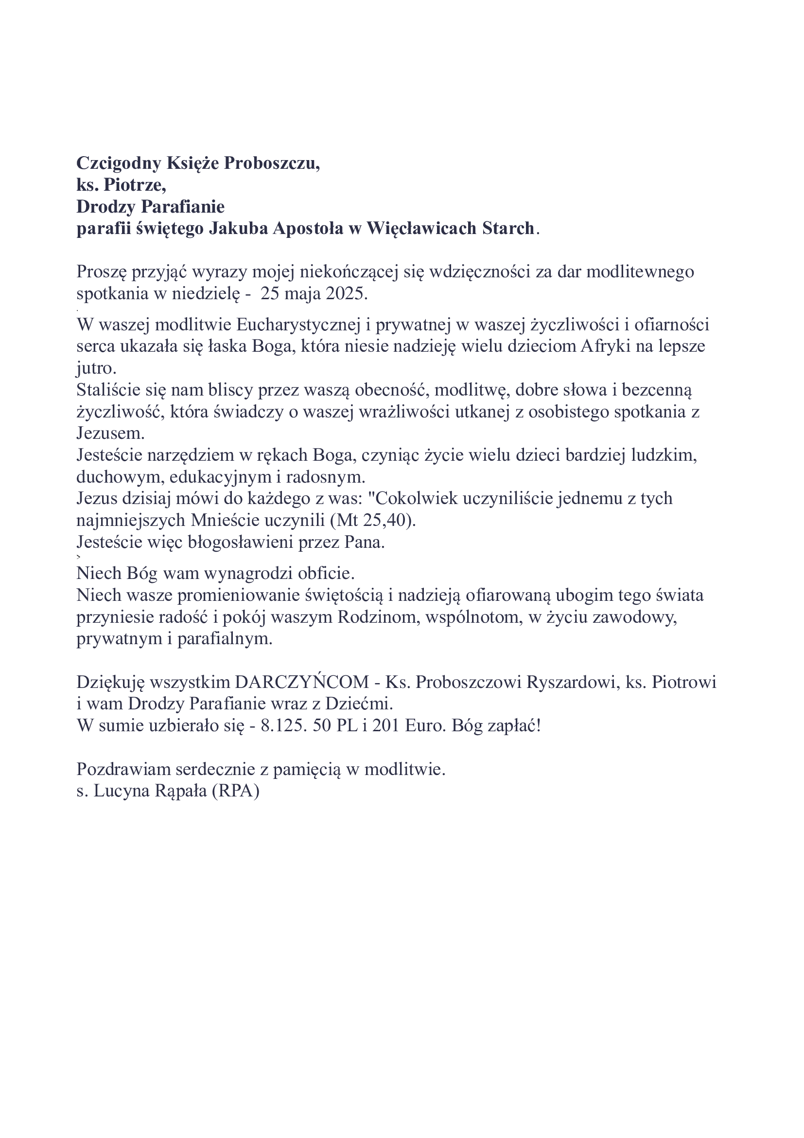 Podziękowanie Siostry Lucyny za ofiary dla dzieci w RPA