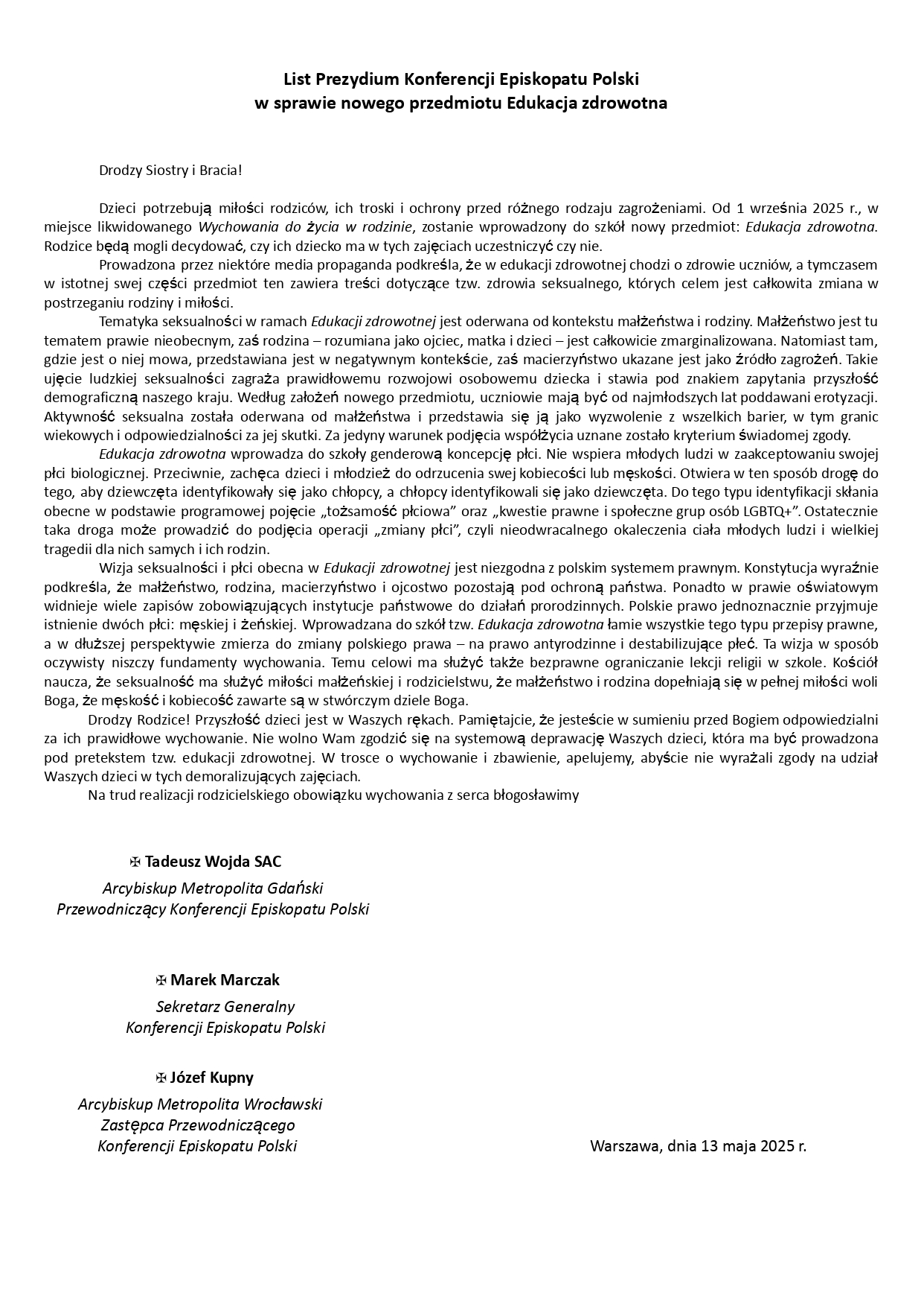 zał. nr 1 List Prezydium KEP ws. nowego przedmiotu Eukacja zdrowotna 1 page 0001